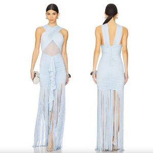 NEW Bronx and Banco Valeria Fringe Maxi Dress in Powder Blue Light Formal Gown